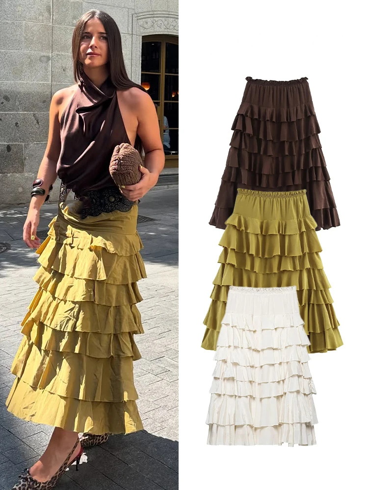 

HH женская модная универсальная однотонная уличная юбка с эластичной резинкой на талии женская длинная юбка трапециевидной формы с ламинированным украшением миди