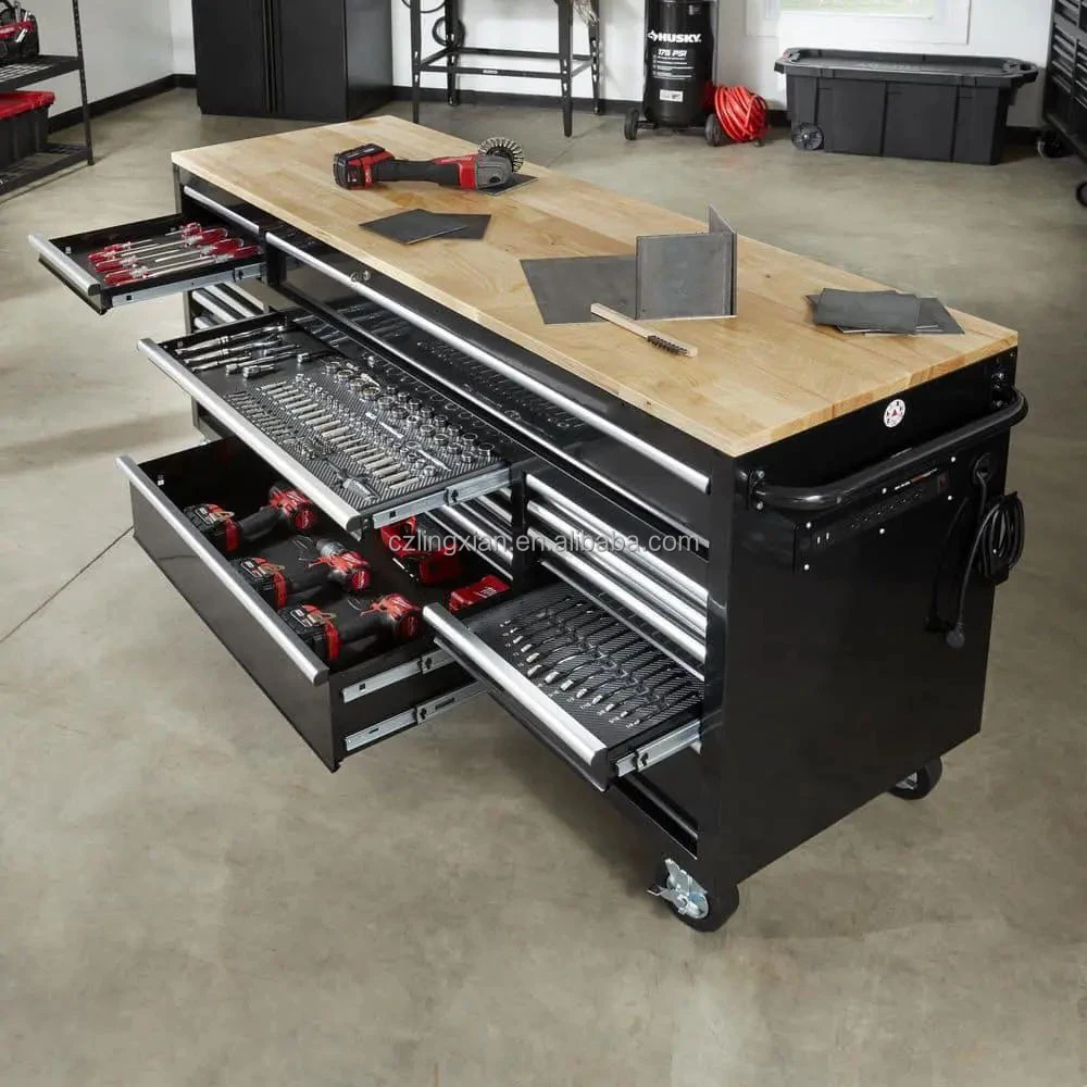 

Gloss Black Mobile Workbench Tool Chest with Wood Top 72"x24" 18-Drawer Cabinet for Hairdressers - Storage Organizer for Tools