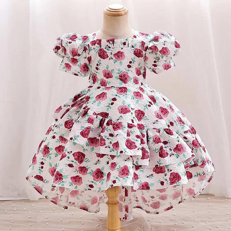 

Kids Princess Training Dress Flower Girls Dresses Flowers Print Children's Clothing Short Sleeve for Birthday Wedding Party Gown