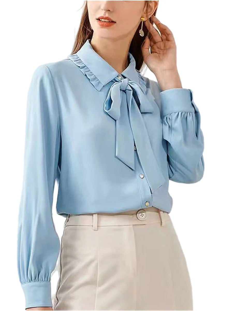 Women Summer Spring Shirts Lady Fashion Casual Long Sleeve Bow Tie Collar Solid Color Office Elegant Blusas Tops G2381