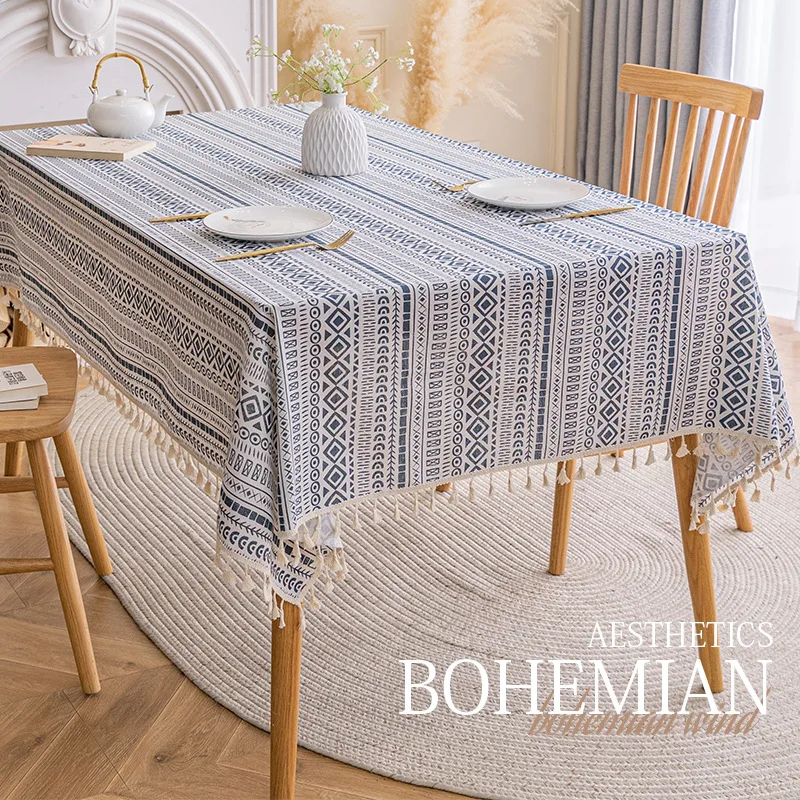 Classic Oil-proof  Tablecloth with Tassels Waterproof Dustproof Rectangle TPU Table Cover for Kitchen Picnic Camping Home Decor