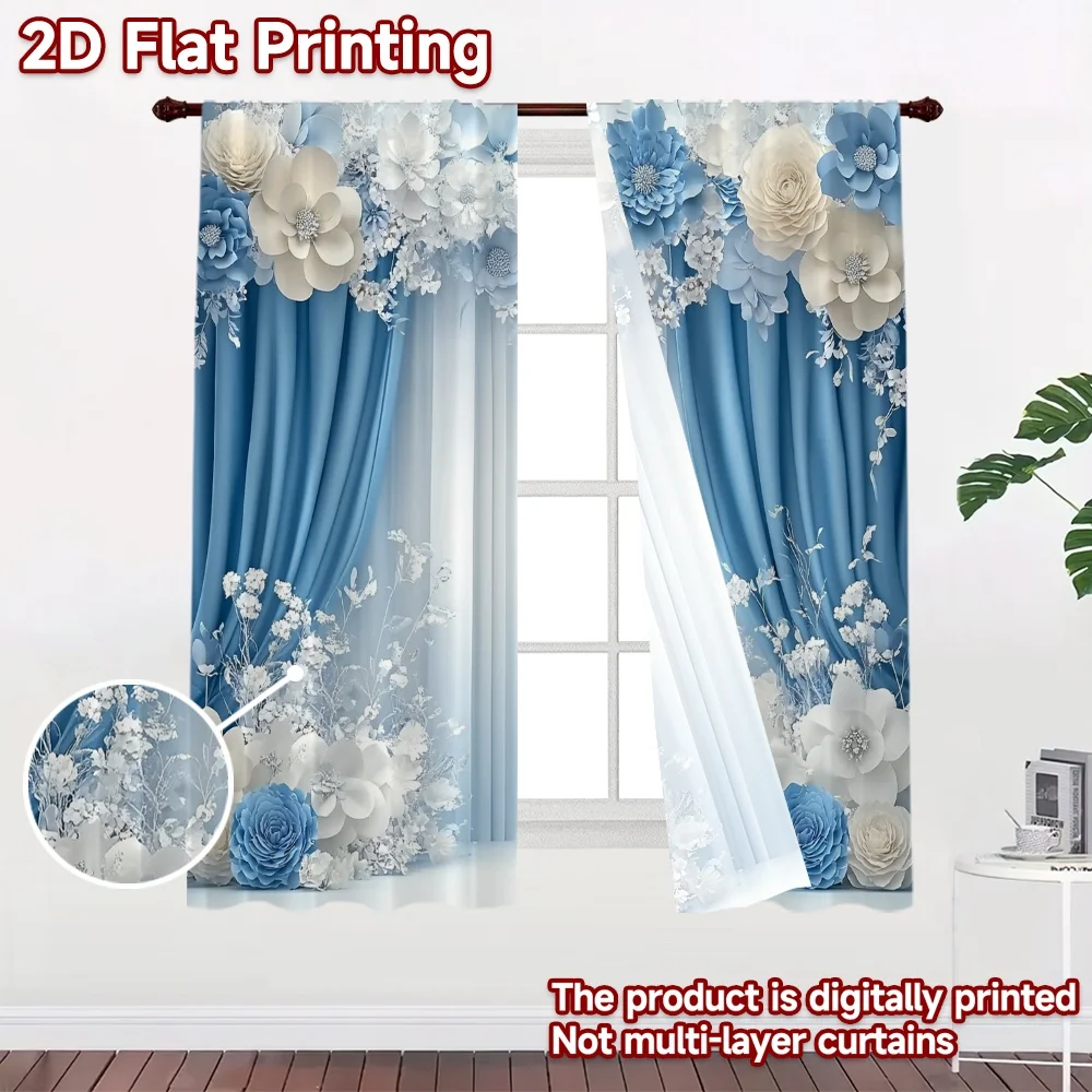 2D flat 2pcs Curtain Country Style Wedding Blue Floral Drapes Digitally printed polyester, colorfast Family Party Decoration Use
