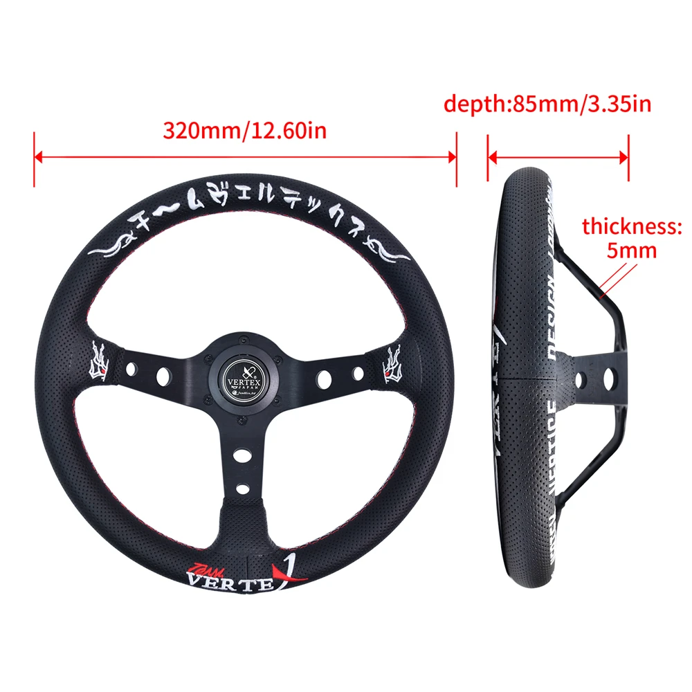 VERTEX 13inch 6 Bolts Universal Sports Wheels Wheel Leather Embroidery Depth Racing Steering Wheel with Horn Button