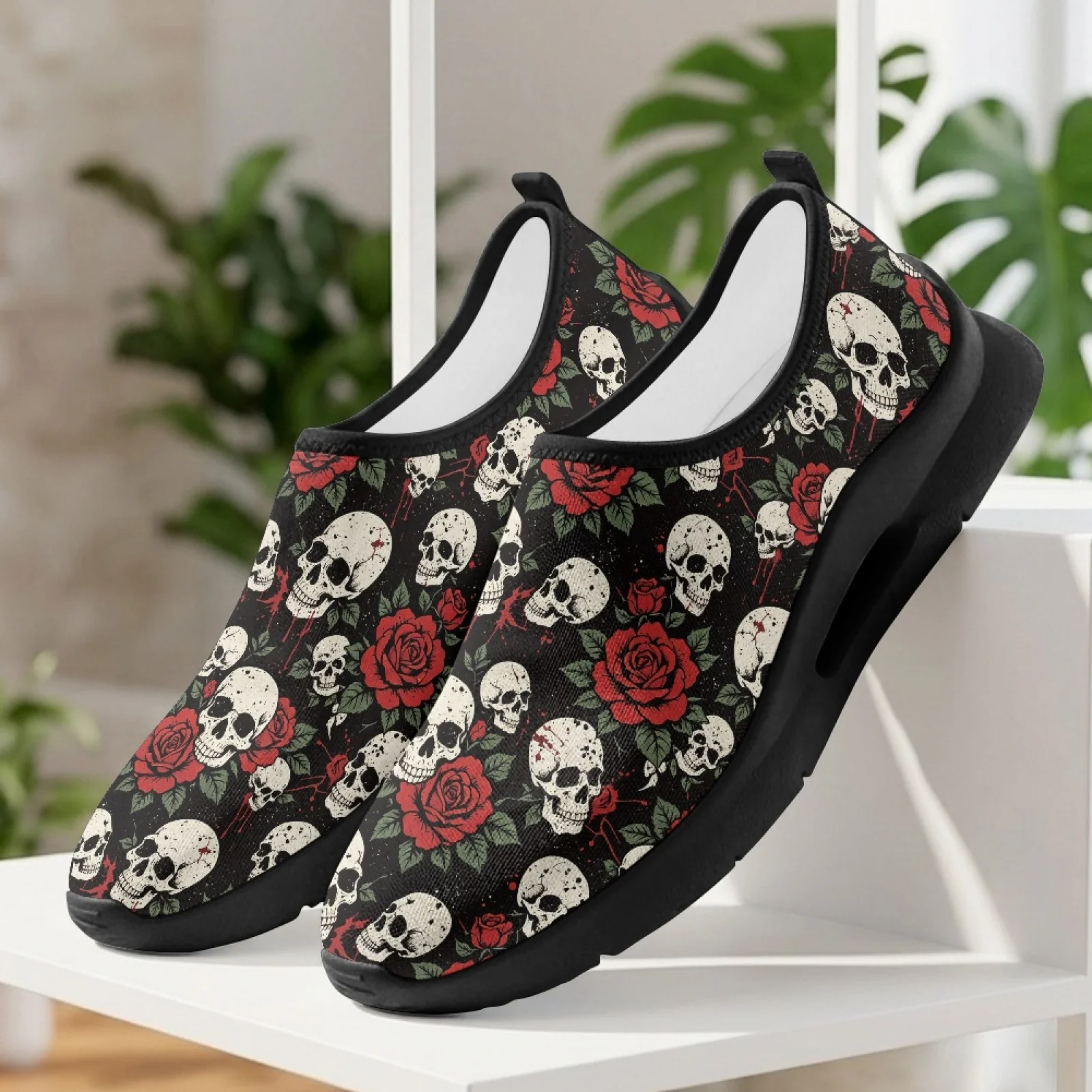 PENSTROLL Comfortable Walking Shoes Versatile Anti-Skid Tennis Walking Sneakers for Everyday Men Skull Rose Print