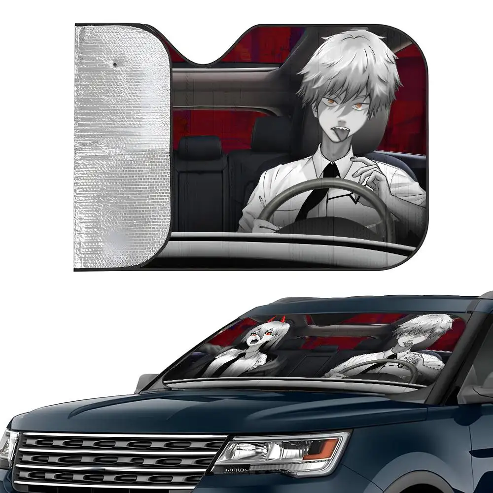 C-Kettingzaag Man Anime Auto Zonnescherm Voorruit Opvouwbare Drielaags Isolatie Zonnescherm Door Zuignap Blokken UV-stralen Zon
