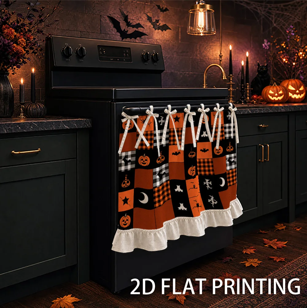 1PC kitchen stove curtain, cabinet curtain, apron. Designed with 2D graphics in a Halloween theme with jack-o-lantern, Buffalo