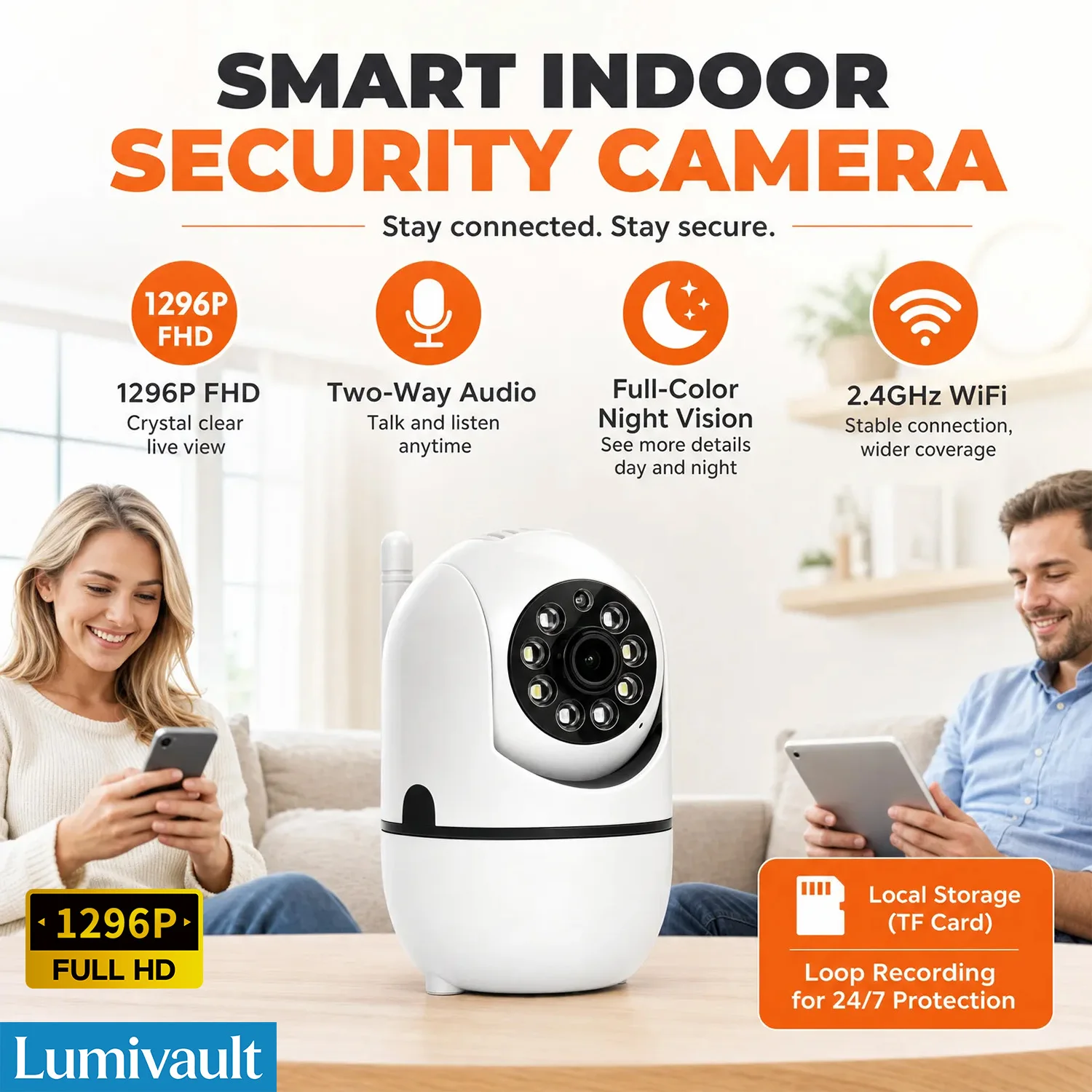 1296P FHD Security Camera 1 Pack HD Night Vision WiFi 2.4GHz Wall Mount Desktop for High-End Home Security Pet Baby Monitor