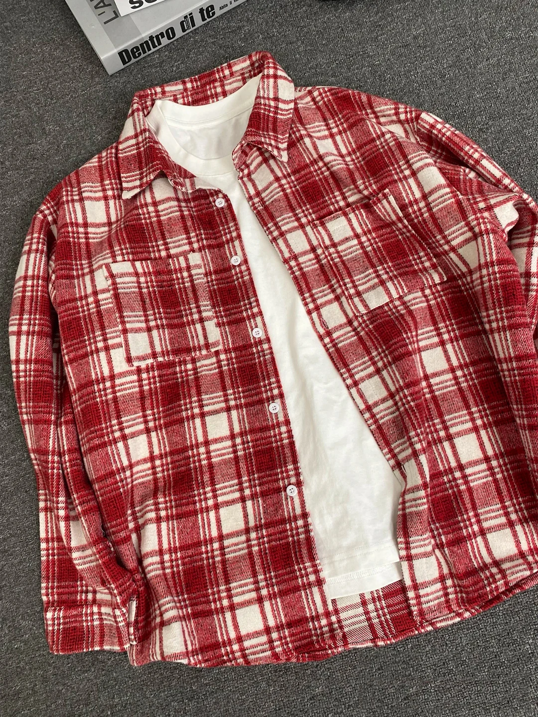 

Vintage Plaid Long Sve Men's irt Autumn High Street Color Blo Flannel Couple's Outerwear Stand Fit Breathable