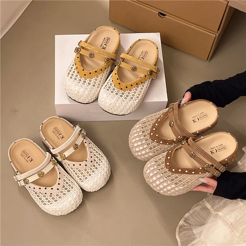 Platform Mesh Bread Toe Slippers Women 2026 One-foot Slip Breathable Non-slip All-match Sandals and Slippers