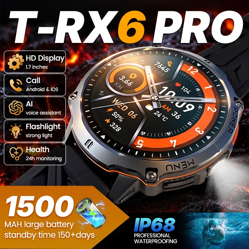 New T-RX6 Outdoor Military Smart Watch 1500mAh Battery IP68 Waterproof AI Voice BT Call Flashlight Compass Men Sports Smartwatch