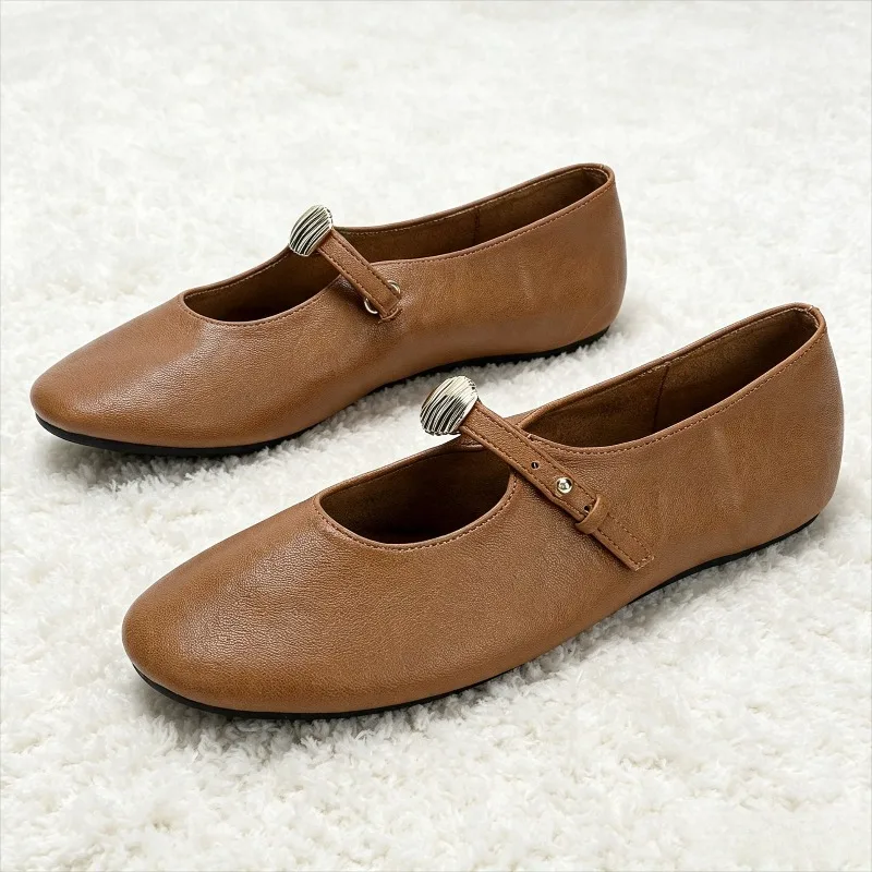 Unique Metal Decoration Ballet Flats Women High-Quality Brown Soft Leather PU Round-Toe Mary Jane Shoes Retro Light Casual Shoes
