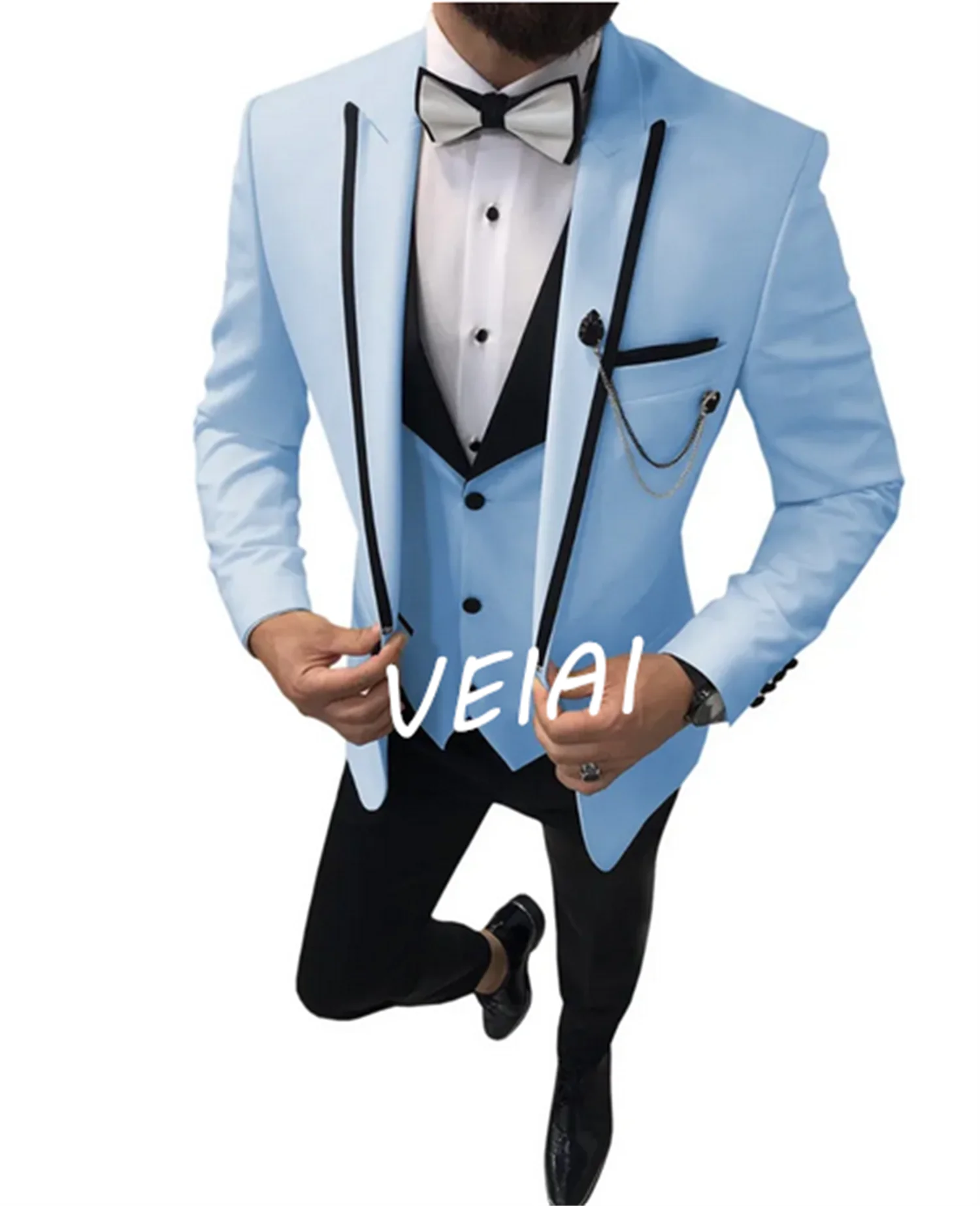 

CustomizedLatest Coat Pant Designs Formal Men Suits Wedding Sky Blue Peaked Lapel Groom Tuxedo Best Man Blazer 3 Piece Costume H