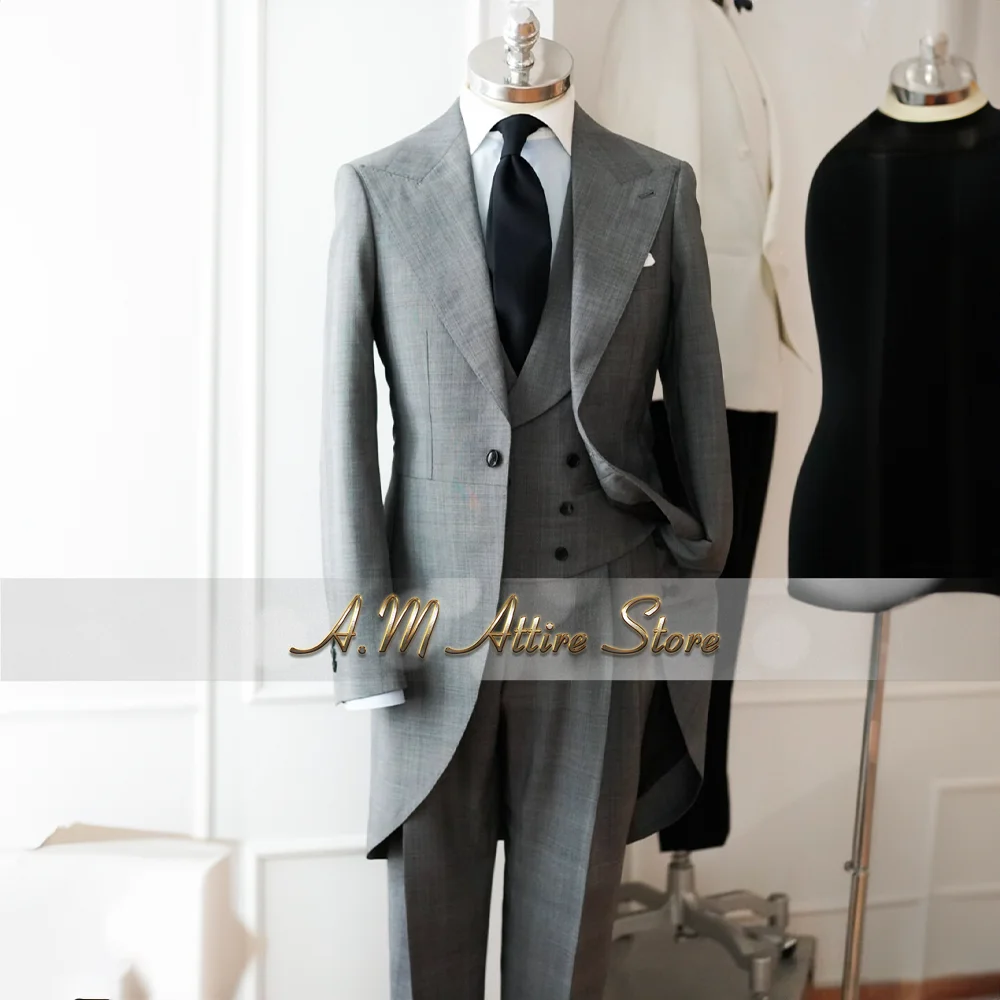 Formal Men's Tuxedo Classic Gray Long Jacket Vest Pants 3pcs Set for Wedding Ball Performance Tailored Linen Suit of Male