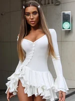 Absobe Women's A-Line Bodycon Mini Dress Ruffle Hem V-Neck Asymmetrical Buttons Long Sleeve Short Dress Party Streetwear Outfits - Image 4