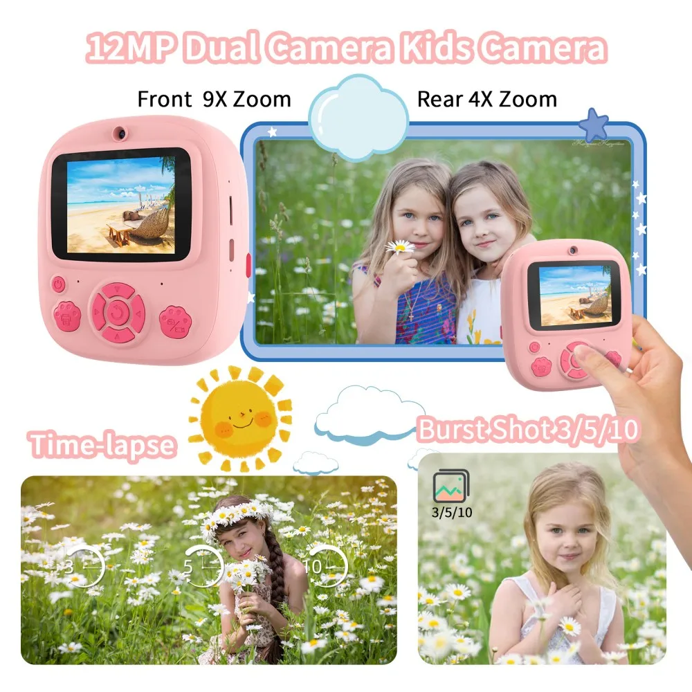 Children Digital Camera Instant Print for Kids Thermal Print Camera Instant Photo Printing Camera Video Toys+32G Memory Card