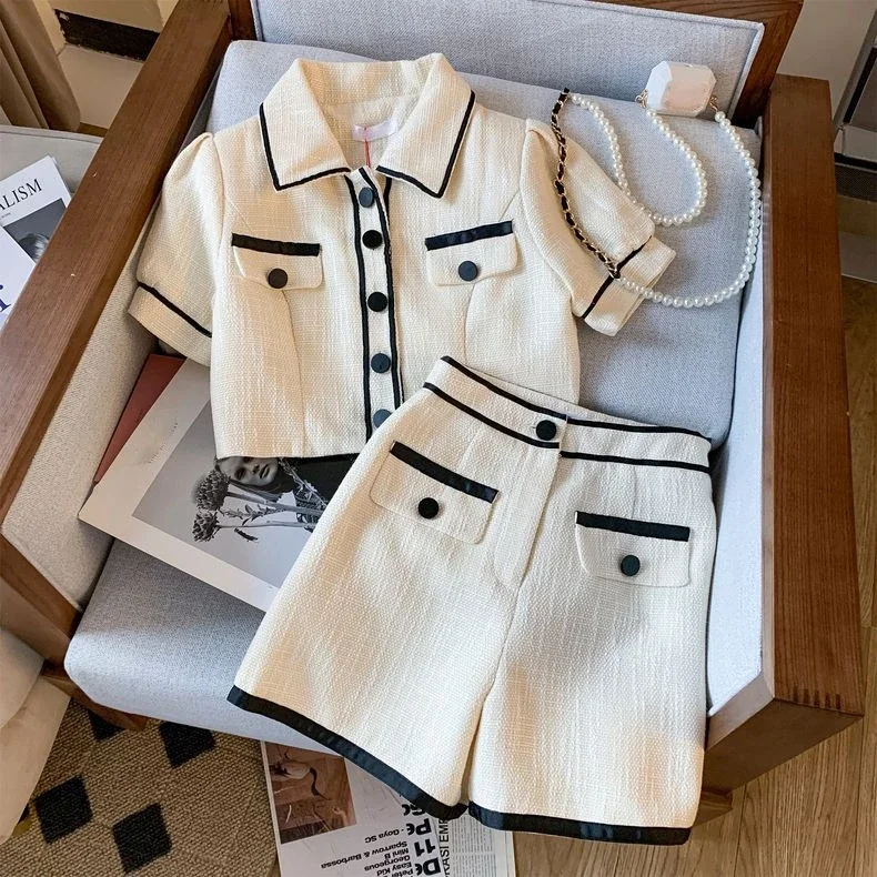 Women\'s Summer Suit New In Shorts Matching Sets Korean Chic and Elegant Short Sleeve Top Luxury Hight Waist Shorts 2 Piece Set