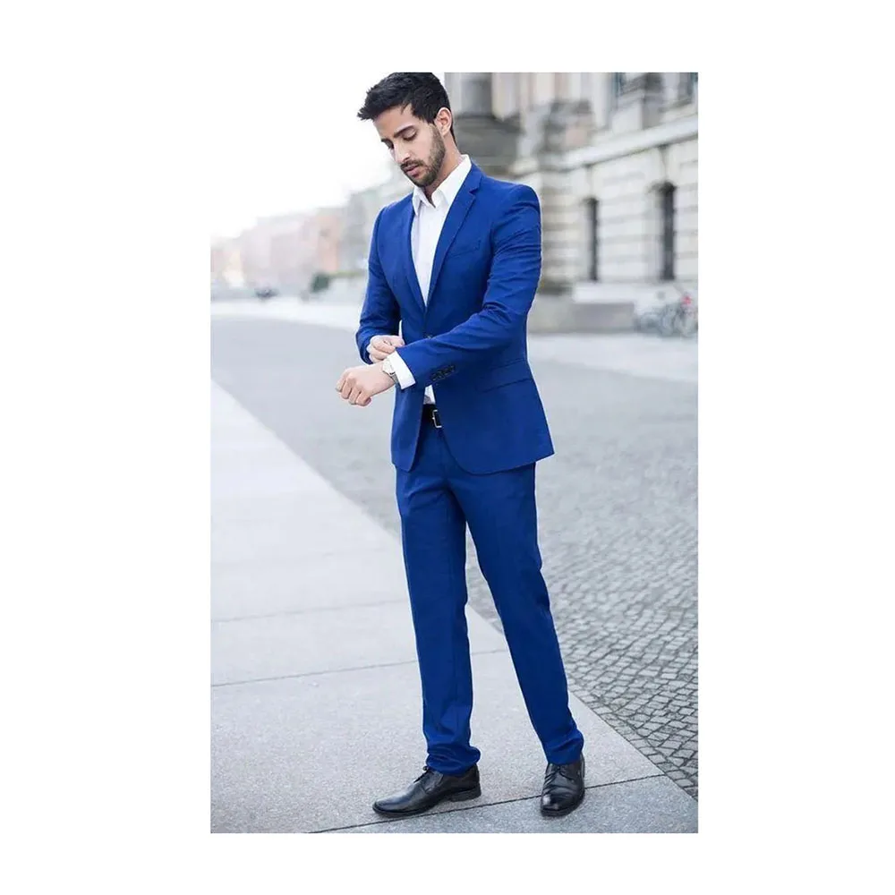 Elegant Blue Men's Suits Notch Lapel 2 Piece Jacket Pants Blazer Sets Slim Fit Formal Business Gentleman Wedding Male Clothing