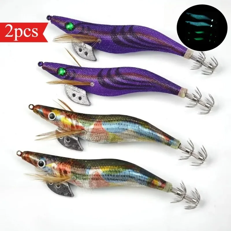 2Pcs/Set Glow In Dark Squid Jigs, 13cm 3.5# Simulation Wood Shrimp Fishing Lure, Saltwater Tackle for Cuttlefish & Octopus
