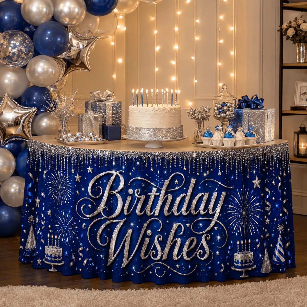 Tablecloth set of 1 piece. Dark blue and silver glittering powder birthday celebration cake candles and fireworks party.