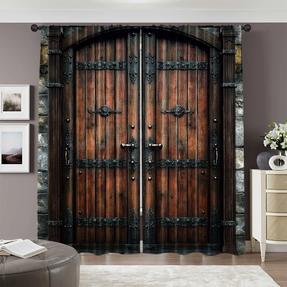 2pcs, spring summer Curtains Vintage iron wooden door print Light Filtering Sheer Curtains Versatile Fabric Decorations Inside
