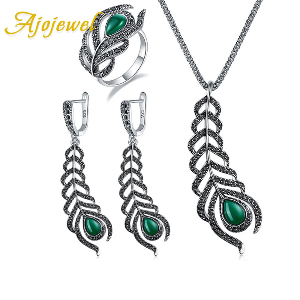 Ajojewel Vintage Black Rhinestone Feather Jewelry Set For Women Silver-color Earrings Necklace Ring Size 7-9