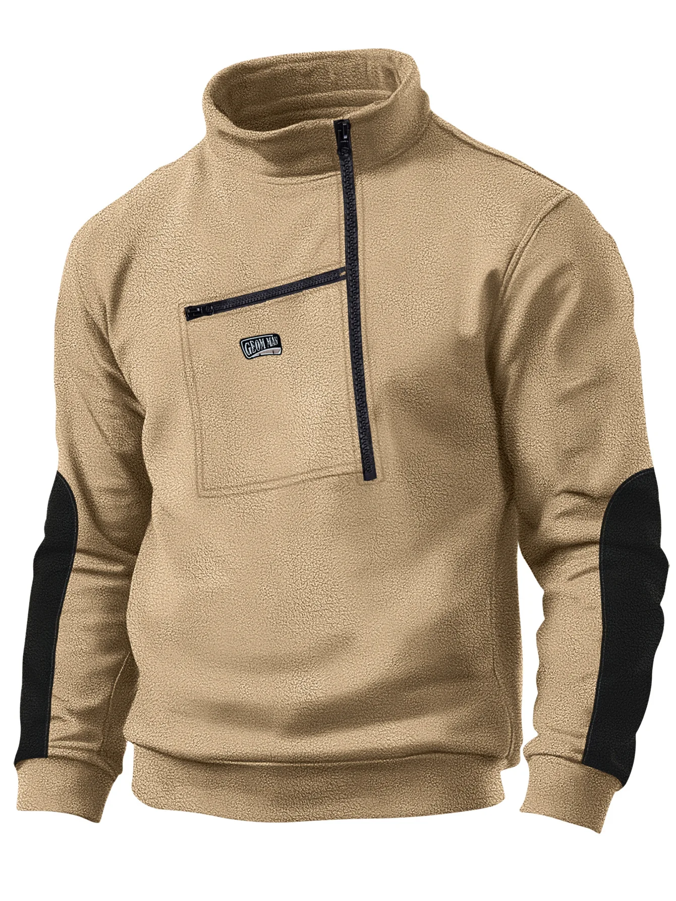 Men's autumn/winter casual polar fleece stand collar half-zip long sleeve tactical pocket embroidered hoodie jumper