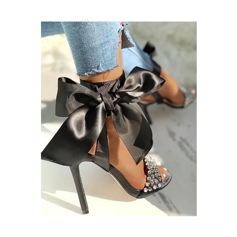 Black Bow Knot Rivet Hollow Sandals Thin High Heel Peep Toe Fashion Sexy 2024 Summer Big Size Woman Shoes Zapatillas Mujer