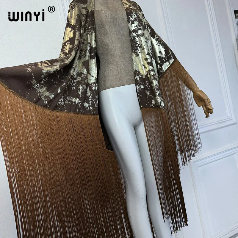 Okrycie kimono WINYI letnie Bikini we wzory w stylu boho eleganckie modny kardigan seksowne wakacje z długimi rękawami maxi sukienka z frędzlami