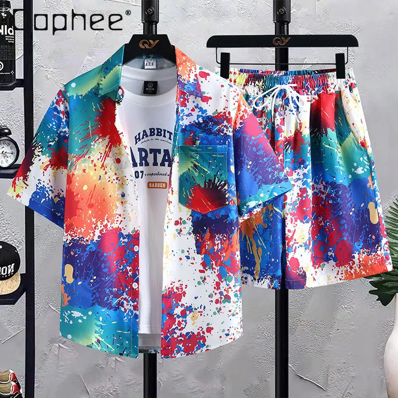 Summer Men's Colorful Plant Print Blue White Red Short Sleeve Shirt Ice Silk Quick Dry Loose Casual Shorts Two-Piece Set