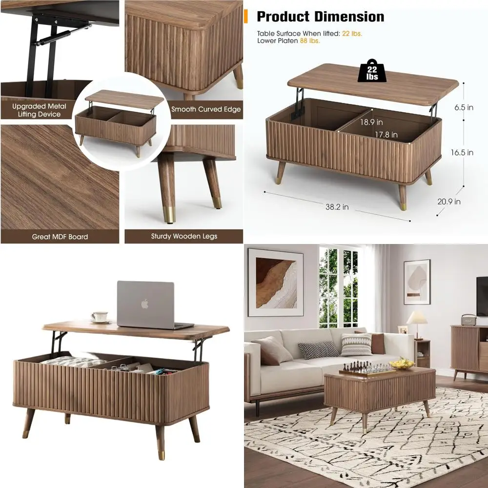 

Walnut Mid Century Modern Fluted Rectangle Coffee Table with Storage for Living Room and Home Office