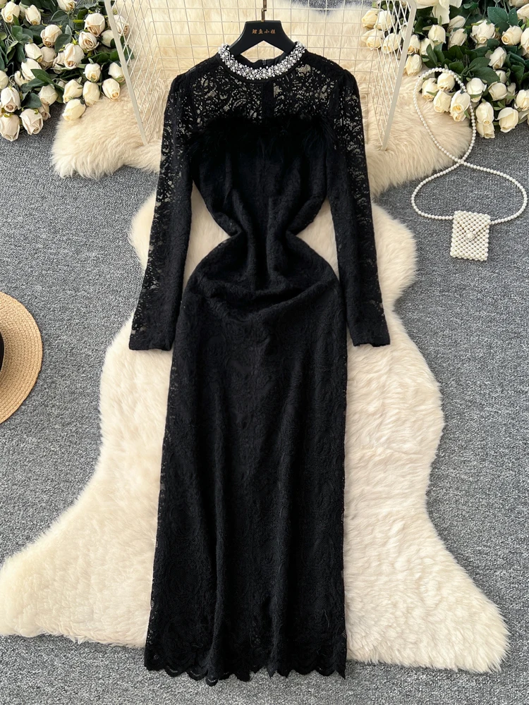

Элегантное черное кружевное платье с длинными рукавами и круглым вырезом, женское, модное, с тяжелой вышивкой, А-силуэт, для повседневной носки, подходит для лета