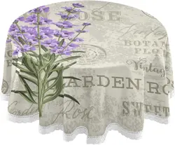 Lavender Flowers Round Tablecloth Vintage Garden Rose Table Cover Washable Polyester Tabletop Decor for Kitchen Party Picnic