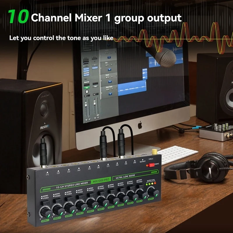 Melhor mixer de áudio profissional, mixer estéreo de 10 canais com luz RGB e ultra baixo ruído DC5V fácil operação