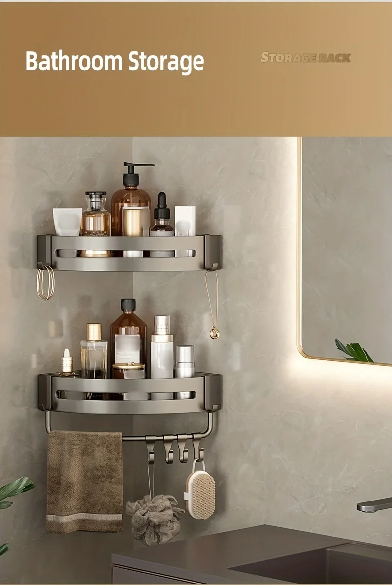 1 Stück nicht bohrendes Aluminium-Badezimmer-Aufbewahrungsregal – an der Wand montiertes Eckregal zur Aufbewahrung von Badezimmer-Shampoo-Duschgel-Kosmetik – Detail 14