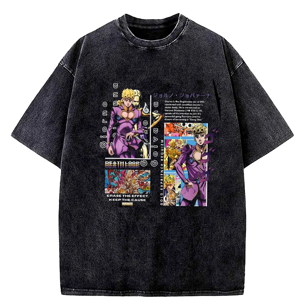 Jojo's Bizarre Adventure Vintage Washed cotton top tees men 2000s anime Colorful Trendy t shirt kawaii Punk Y2k Gothic