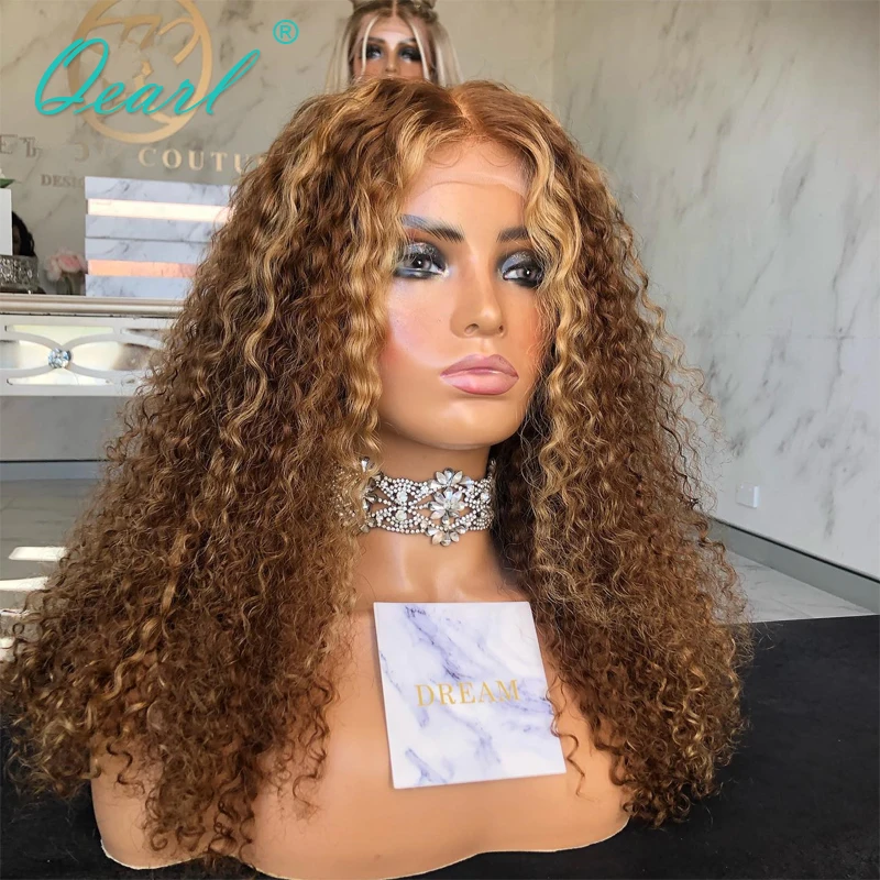 

Kinky Curly Full Lace Wig Human Hair Lace Front Wigs for Women Brown Honey Blonde Highlights Lace Frontal Wig 13x6 180% Qearl