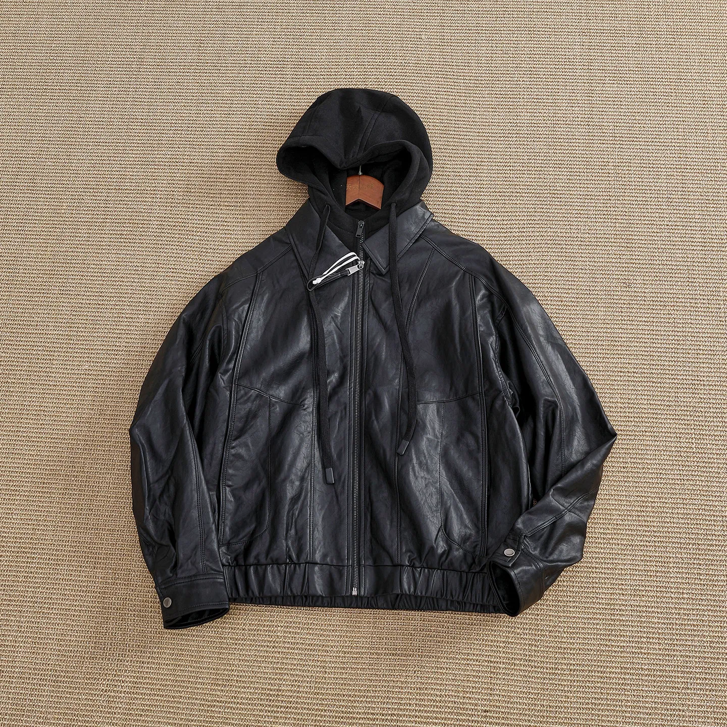 2026 Autumn New American Retro High Street Fake Two-piece Hooded Turn-down Collar PU Leather Coat Men's Fashion Casual Jacket