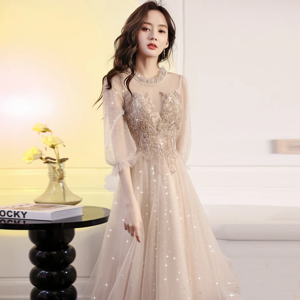 

Banquet Evening Dress for Women O-Neck Puff Sleeve A-Line Engagement Party Dresses Elegant Mid-Length Formal Prom Gowns