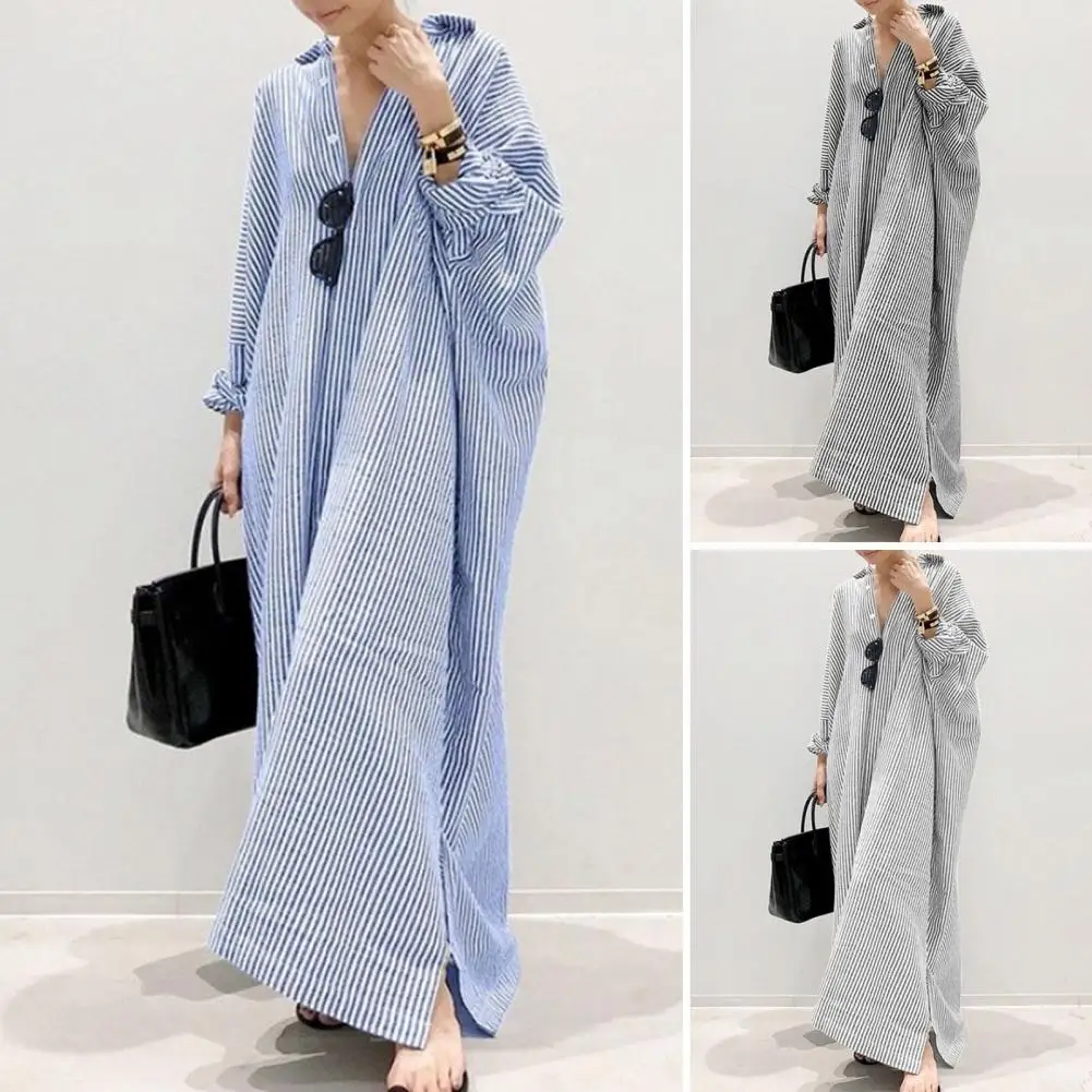 Loose Fit Dress Striped Print Lapel Maxi Dress for Women Long Sleeve Loose Shirt Style Spring Dress Plus Size Soft Breathable