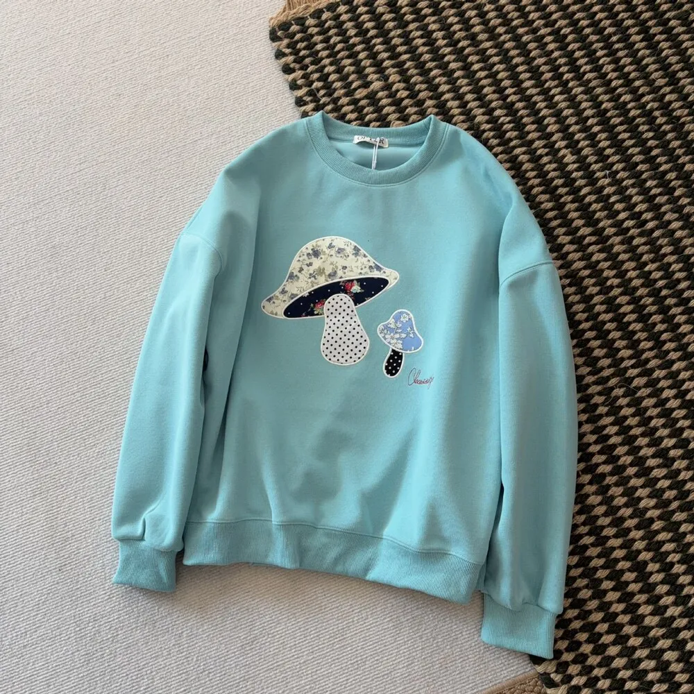 Mushroom Embroidered Round Neck Loose Long Sleeve Sweatshirt Women Autumn Casual Cute Pullover Top