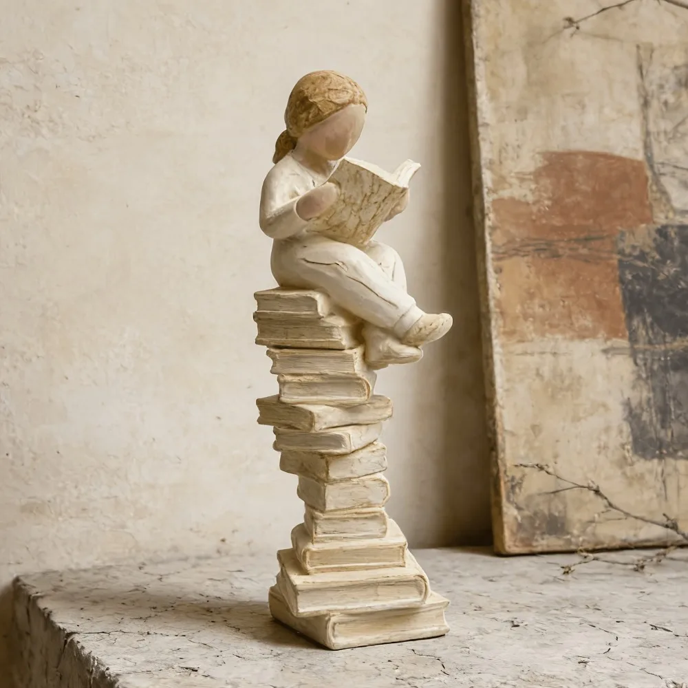 Imitation Woodcut Female Reader Statue Ornament Inspirational Ornament Gift for Book Loving Women Reading Decoration Bookshelves