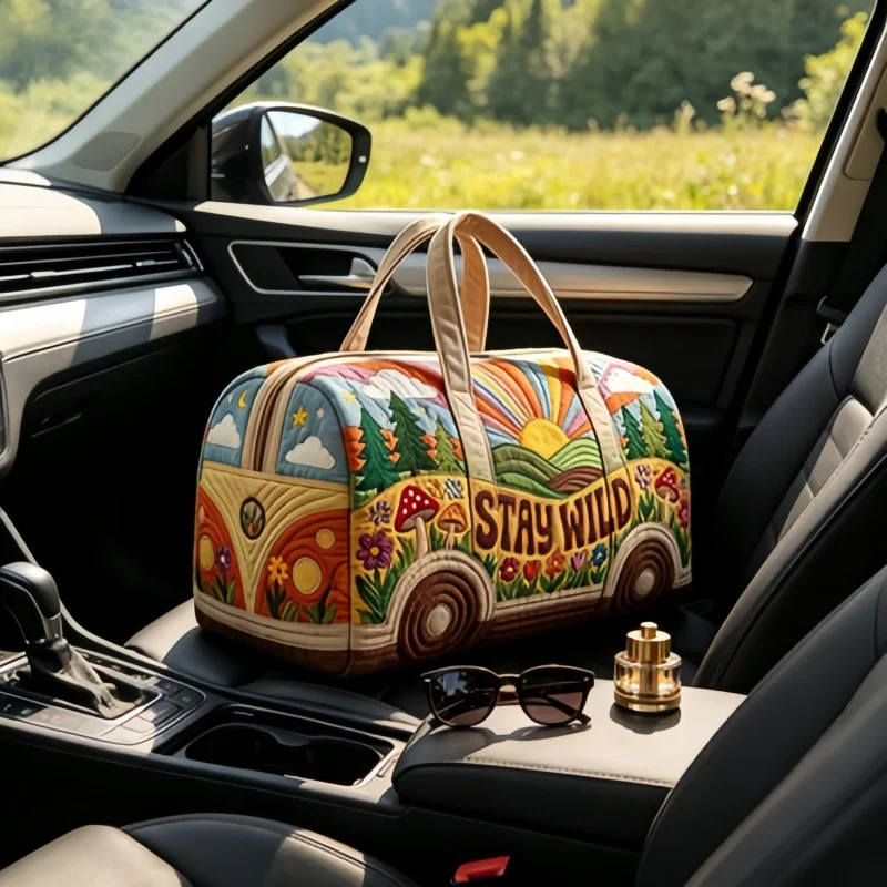 1pc Indie Aesthetic Duffle Bag, Vintage Hippie Quilted Travel Bag, Bohemian Floral Van Weekender Bag for Gym