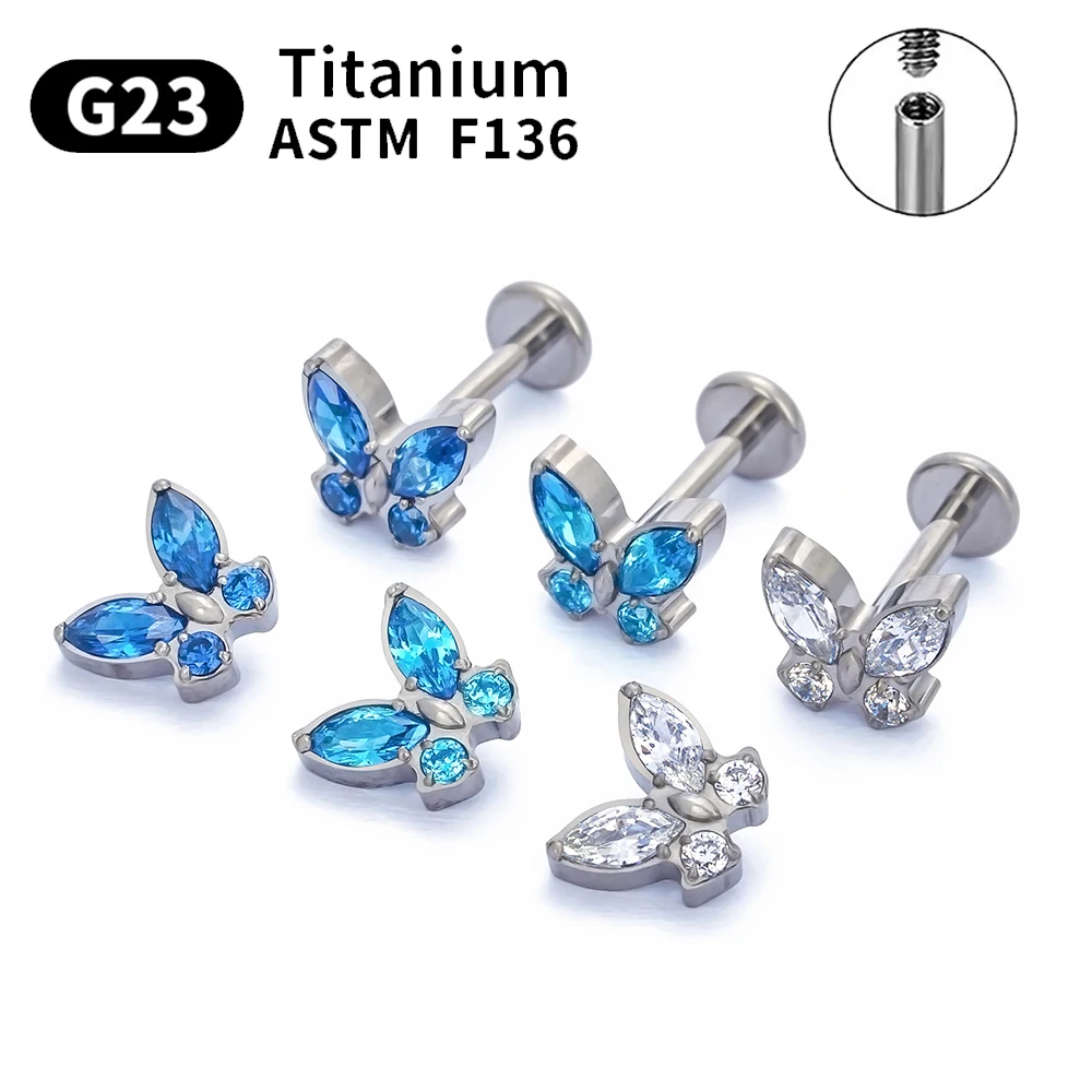 

G23 Titanium Butterfly Stud Earrings 16G ASTM F136 Piercing Labial nail Nasal nail Zircon Body Jewelry Ear Tragus Cartilage
