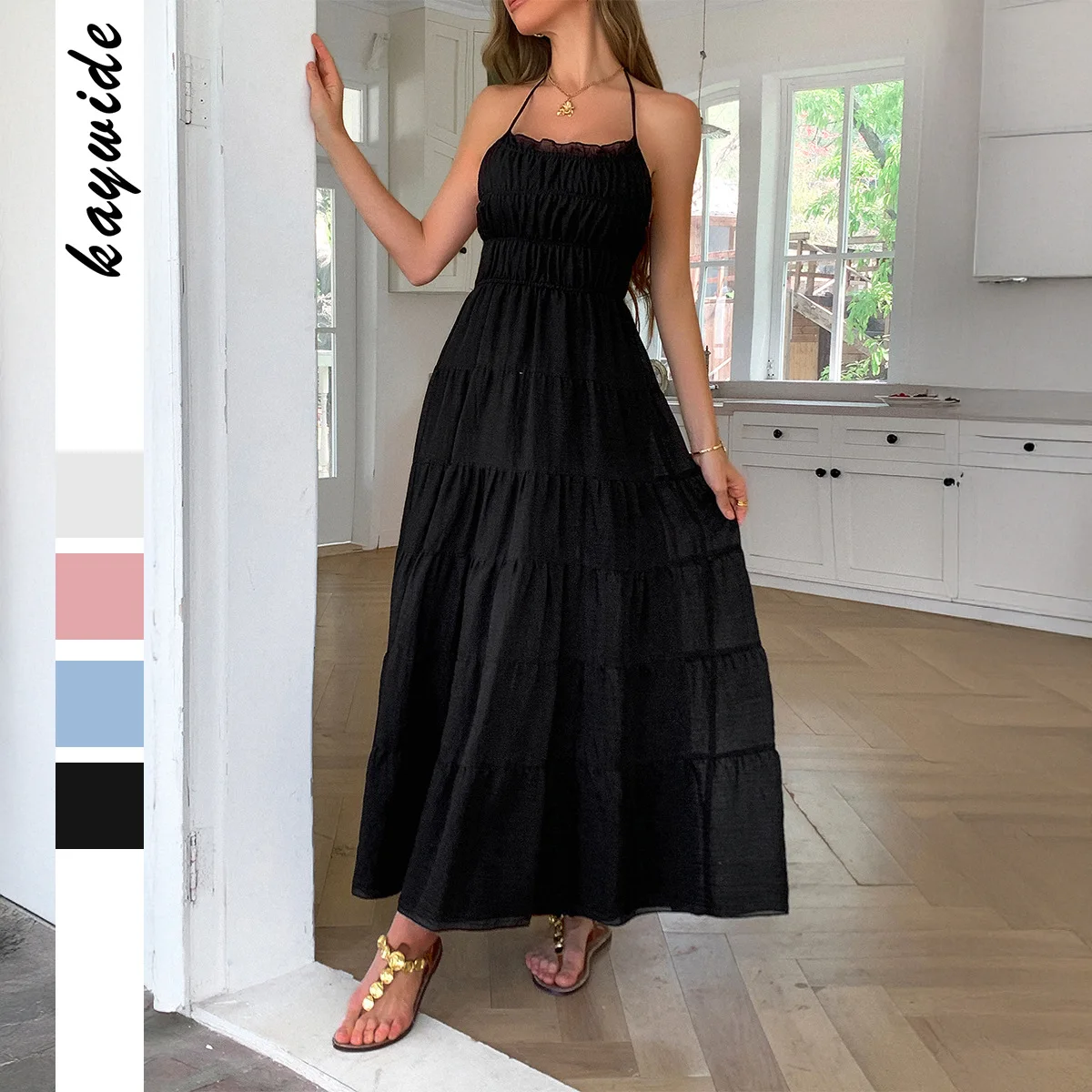 

Women's dress Spring Summer French Style A-line Camisole Vacation Casual Style Beach Strapless Solid Ruched Ankle-Length Dress