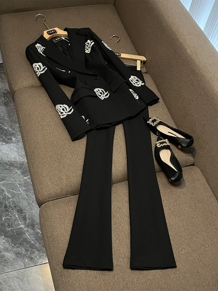 

Faionable 2025 New Heavy Embellied One-Button V-Ne Suit Jaet And High Waist Pants Set Ele Drill Embedded OK355