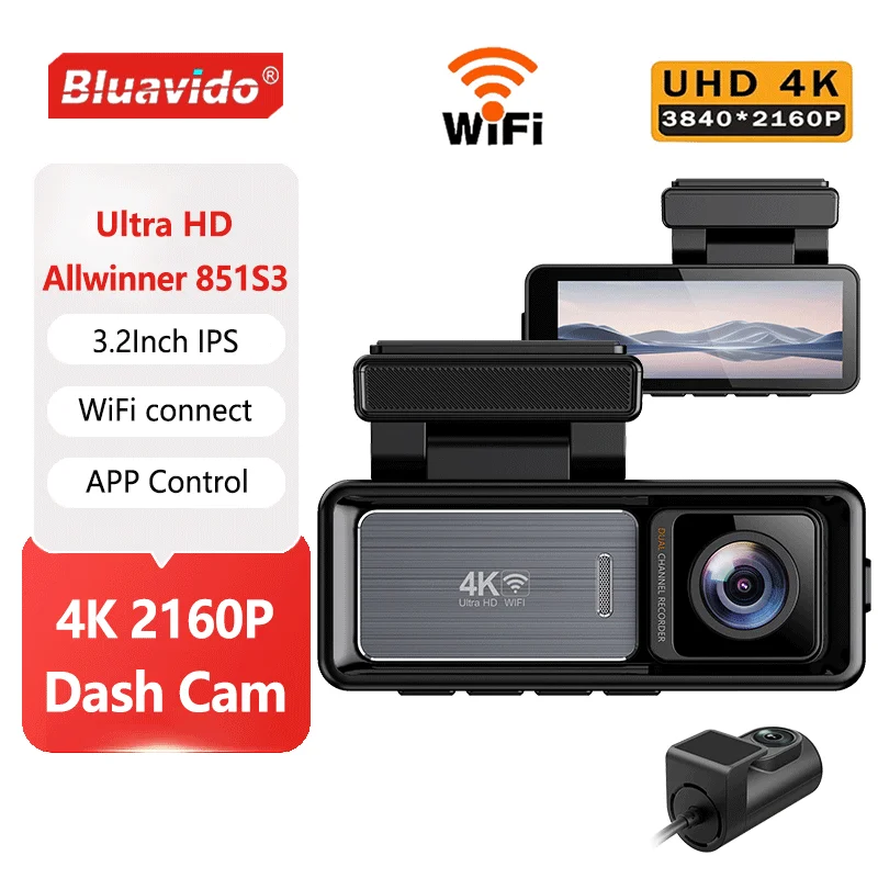 Ultra HD 4K Front and 1080P Rear Dash Cam with Wi-Fi, G-Sensor, Night Vision, Reverse View, 24H Parking Monitor function