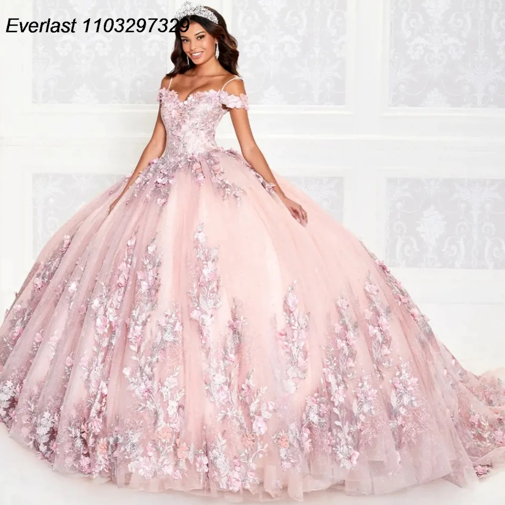 

EVLAST Sparkly Pink Quinceanera Dress Ball Gown 3D Floral Lace Applique Beaded With Cape Sweet 16 Vestido De 15 Anos TQD359