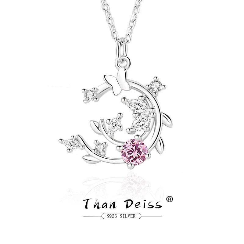 Original Design S925 Sterling Silver Pink Fairy Butterfly Crescent Moon Branch Necklace Female Premium Delicate Jewelry Gift