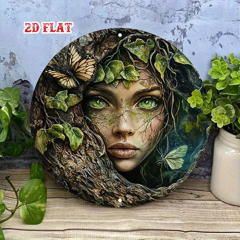 A Vintage-Style Round Metal Sign Measuring, Showcasing a Female Portrait Adorned with Vines And Leaves