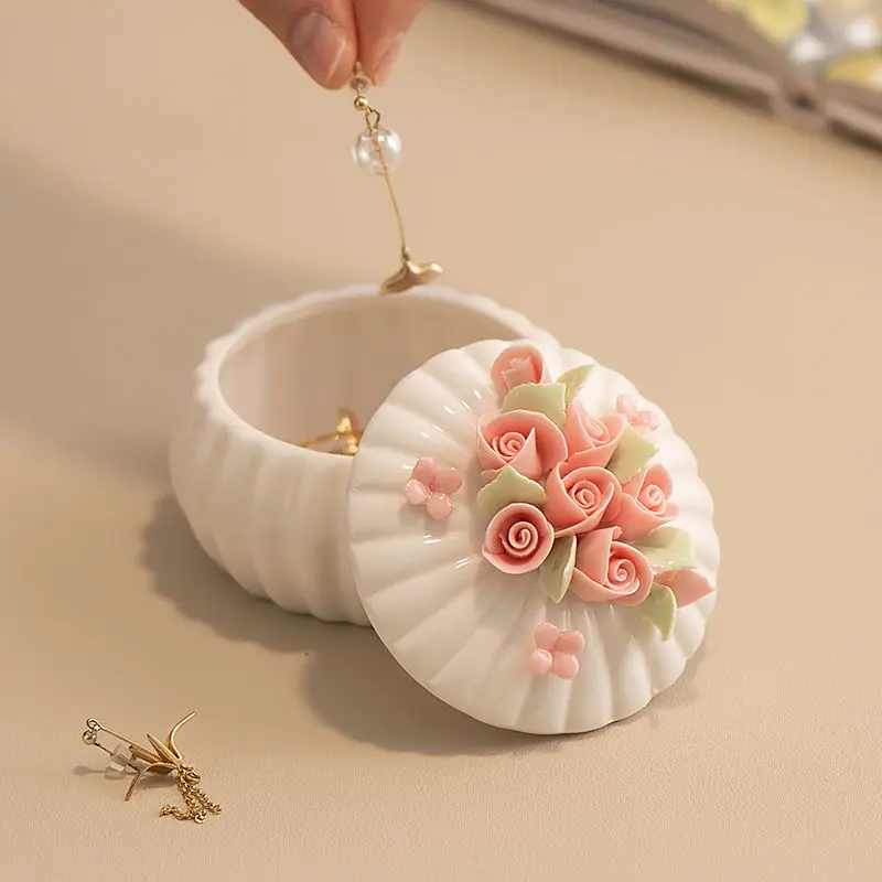 

Ceramic Handmade Flower Jewelry Box Pink Rose Exquisite Storage Box